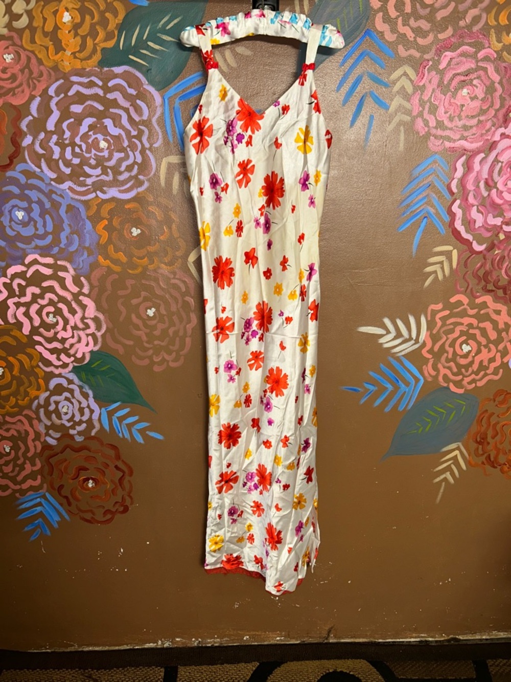 White Floral Slip Nightgown with Red & Pink Blooms